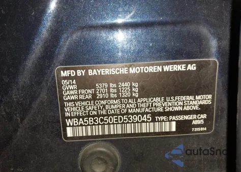 2014 BMW 535I xDrive из США, поврежденный, VIN WBA5B3C50ED539045